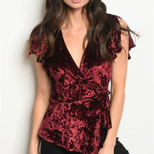 WINE VELVET SLIT SLEEVE WRAP HOLIDAY DRESS TOP new